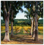 Afternoon Sun by Susan Hoehn features a Napa Valley vineyard in fall and eucalyptus trees.