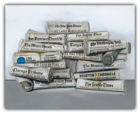 All the News that's Fit to Print painting of a stack of renowned newspapers by Gail Chandler