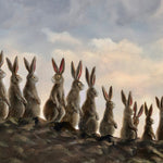 Moonwalkers by Robert Bissell features bunny rabbits walking in front of a full moon.