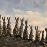 Moonwalkers by Robert Bissell features bunny rabbits walking in front of a full moon.