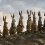 Moonwalkers by Robert Bissell features bunny rabbits walking in front of a full moon.