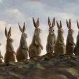 Moonwalkers by Robert Bissell features bunny rabbits walking in front of a full moon.