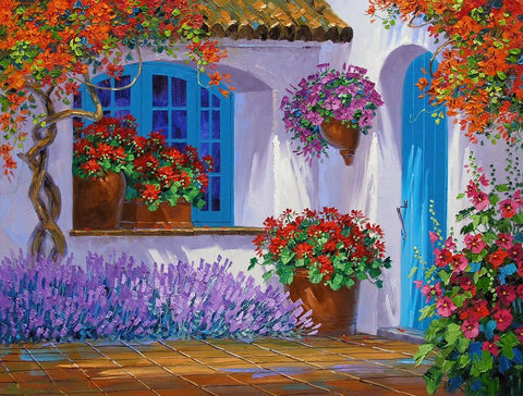 Romantic Impressionism artist Mikki Senkarik creates a World of Happiness with the original oil painting Floral Embrace.  This painting features a courtyard with vibrant flowers, and an inviting turquoise door.  What's beyond the door?