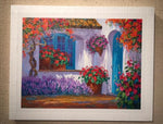 Renowned artist Mikki Senkarik creates a World of Happiness with the original oil painting Floral Embrace.  This painting features a courtyard with vibrant flowers, and an inviting turquoise door.  What's beyond the door?