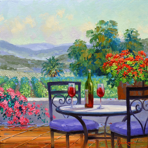 Romantic Impressionism artist Mikki Senkarik creates "A World of Happiness" with a table set for two in a lush vineyard setting perfect for blooming the "Romance of Napa".