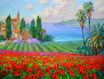 Romantic Impressionism artist Mikki Senkarik creates a "World of Happiness" with Spring's Embrace original oil on canvas.  This paintings has it all from poppy fields, a vineyard and an ocean view in the vibrant colors that Senkarik is known for. 