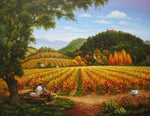 Under the Old Oak Tree - 24x30" original oil by Imre Buvary feature the Napa Valley fall colored vineyards, a picnic for two and a dog, with an old barn in the background and a old oak tree cascading over the picnic.