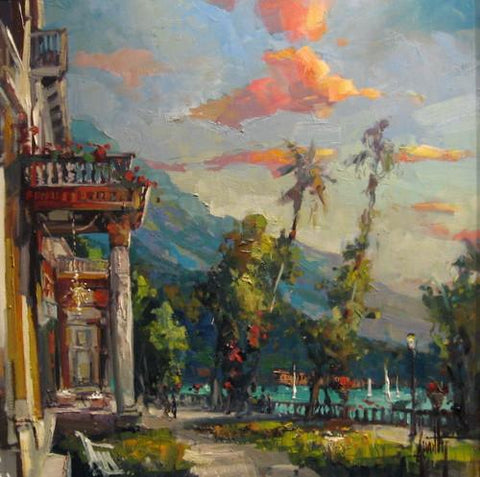 View of Lago Como an original oil by Steven Quartly depicting Lake Como.